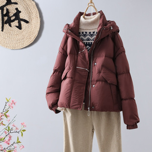冬季韩版90白鸭绒加厚连帽羽绒服女时尚宽松纯色保暖短款外套
