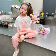 女童夏装粉色短袖运动套装，2024洋气中小童，衣服夏季儿童两件套