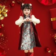 女童拜年服红色连衣裙加绒过年喜庆中式女孩加厚儿童唐装背心裙