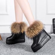 秋冬季内增高女鞋真皮狐狸毛雪地(毛雪地)靴厚底，松糕短靴坡跟短筒靴子棉鞋