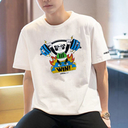 阿迪达斯白色T恤男春季熊猫印花半袖宽松篮球运动短袖HC3828