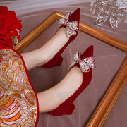 婚鞋新娘鞋法式2024年春季粗跟秀禾婚纱两穿红色高跟鞋女结婚