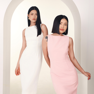 brandbymei商务职场圆领无袖白色，连衣裙修身粉色裙子优雅气质高级