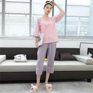 睡衣女带胸垫七分袖套装夏宽松睡衣韩版纯棉家居服免穿文胸两件装