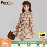 pawinpaw卡通小熊童装，2024年春季女童格纹印花淑女风连衣裙