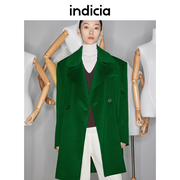 indicia羊毛羊绒大衣女纯色，毛呢外套绿色茧型秋冬时尚标记女装