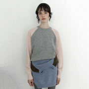 松弛少女感韩国小众设计感羊毛衫插肩毛衣粉色灰色圆领毛衣