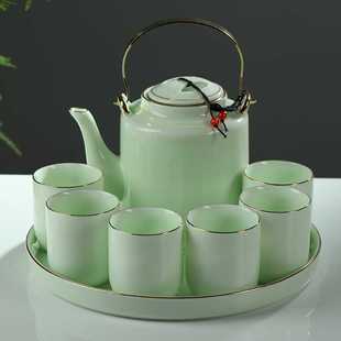 高档家用青瓷提梁茶具水具套装陶瓷泡茶壶茶杯茶盘陶瓷托盘整套凉