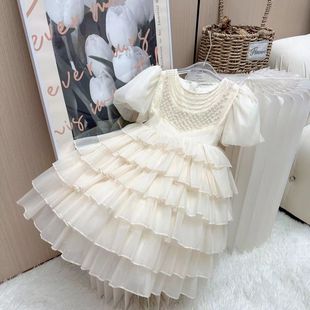 白色公主裙女童高端裙子夏天韩版重工珍珠连衣裙2024夏装洋气