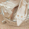 法式花朵婚鞋新娘鞋主婚纱，婚礼服绸缎面，高跟鞋女粗跟2023单鞋