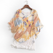 l626宽松显瘦圆领蝙蝠袖，双层假两件t恤女装夏季复古时尚印花罩衫