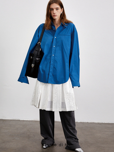 nientedin2023夏季原创设计蓝色上衣，宽松休闲蝙蝠长袖衬衫