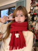 新年氛围 韩系红色毛线围巾女生冬季百搭保暖加厚针织围脖高级感
