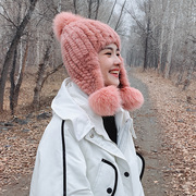 韩国女士水貂帽子编织皮草帽子狐狸毛球护耳帽裘皮帽子网红潮