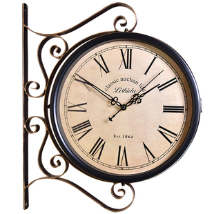 欧式复古双面钟表挂钟客厅静音，装饰美式艺术挂表创意工艺个性时钟