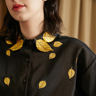 咖沫原创23金黄树叶刺绣，翻领蝙蝠长袖，复古法式衬衫女秋冬季