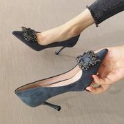 香港尖头高跟鞋女2023秋季性感细跟水钻气质，真皮黑色浅口单鞋