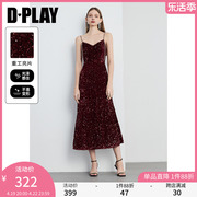 dplay红色连衣裙重工亮片连衣裙，吊带裙订婚礼服裙女敬酒服晚礼服