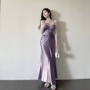 GirlsAt18 法式御姐风紫色连衣裙女显瘦吊带裙气质设计感缎面长裙