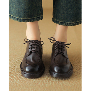 kmeizu用心做软鞋~3cm粗跟牛筋，底小皮鞋女法式系带乐福鞋厚底单鞋