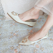 孕妇婚鞋女2022香槟色婚纱，新娘鞋平底伴娘，鞋软底水晶单鞋水钻