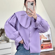 韩国东大门同款2024春季娃娃领甜美宽松紫色，长袖衬衫女上衣