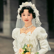 新娘复古民国风仙气绢纱羽毛花朵头纱，高级甜美公主婚纱造型配饰品