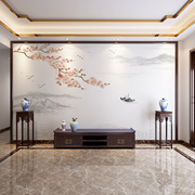 新中式水墨山水画花鸟客厅立体影视墙大气壁画电视背景墙壁纸定制