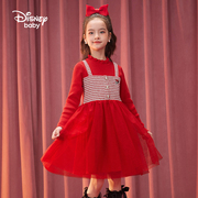 迪士尼女童时尚长袖连衣裙大红儿童秋冬裙子假两件小孩，毛衣网纱裙