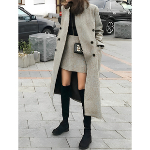呢子大衣女韩国冬季过膝长款宽松气质浅灰色，西装领ol毛呢外套