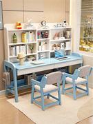 儿童书桌书架组合一体可升降实木双人学习桌家用卧室学生写字桌椅