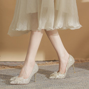 2024年夏季银色婚鞋水钻蝴蝶结，尖头高跟鞋女法式水晶细跟单鞋