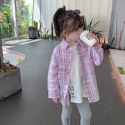 儿童韩版洋气长袖衬衫2023秋季韩版潮女童宝宝中长款格子衬衣