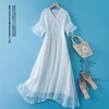 夏季韩版女装真丝连衣裙白色桑蚕丝长款沙滩裙显瘦减龄仙女裙