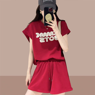 欧洲站跨境韩版2024红色时尚运动套装女短袖短裤休闲百搭两件套潮