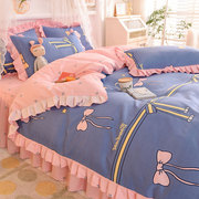 韩式床单四件套公主风床裙款加厚被套全棉，纯棉床上用品三件套女孩