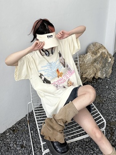咖喱人夏季美式复古猫咪印花情侣短袖，t恤男女潮牌宽松休闲