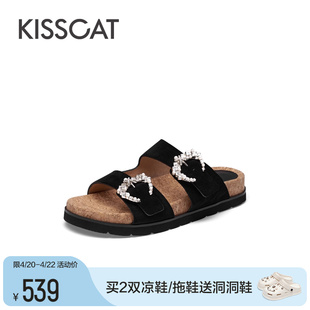 KISSCAT接吻猫2024夏季度假风沙滩凉拖外穿平底细钻勃肯凉鞋