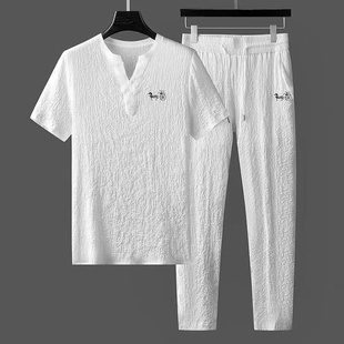 夏季潮褶皱两件套男士薄款棉麻短袖t恤中国风V领白色休闲运动套装