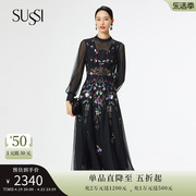 SUSSI/古色23春商场同款黑色重工刺绣半高领灯笼袖网纱连衣裙女
