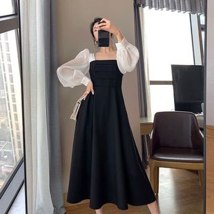 2024春秋韩版大码，拼接连衣裙女薄款赫本风长袖，气质黑色长裙