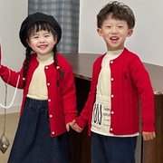 韩国亲子装儿童红色毛衣，开衫男童外套女童针织衫，2024拜年服潮
