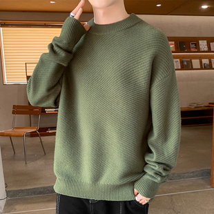 绿色圆领毛衣，男秋冬季潮牌宽松毛线衣服，加厚青少年打底针织衫