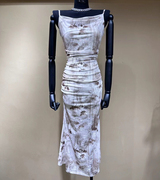 luo法式水墨画扎染吊带连衣裙女2024夏季花色堆堆，领抽褶修身长裙
