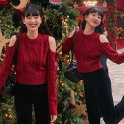 韩国时尚博主利和同款时尚，露肩长袖百搭圣诞圆领酒红色，针织毛衣女(毛衣女)