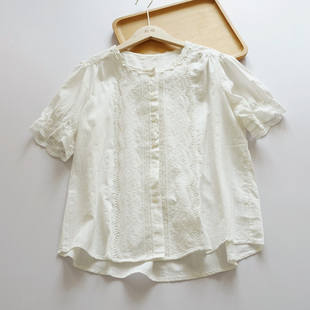 蕾丝刺绣棉布镂空衬衫，女短袖森系文艺，通勤泡泡袖衬衣