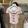 十三行女装2024夏款韩系甜美蝴蝶结针织衫设计感蕾丝花边短袖上衣
