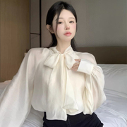 法式蝴蝶结衬衫女春秋设计感小众小个子雪纺白色衬衣宽松长袖上衣