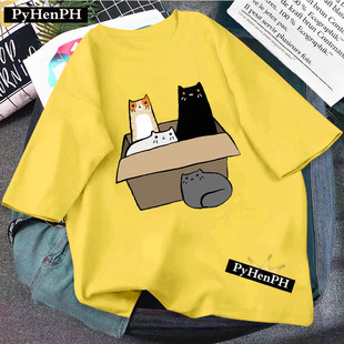 cutecattshirt卡通可爱猫咪，t恤女夏季大码黄色圆领体恤亲子装