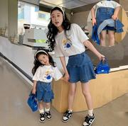 韩版母女装卡通T恤短裙套装2023夏季亲子装时髦鱼尾裙夏
